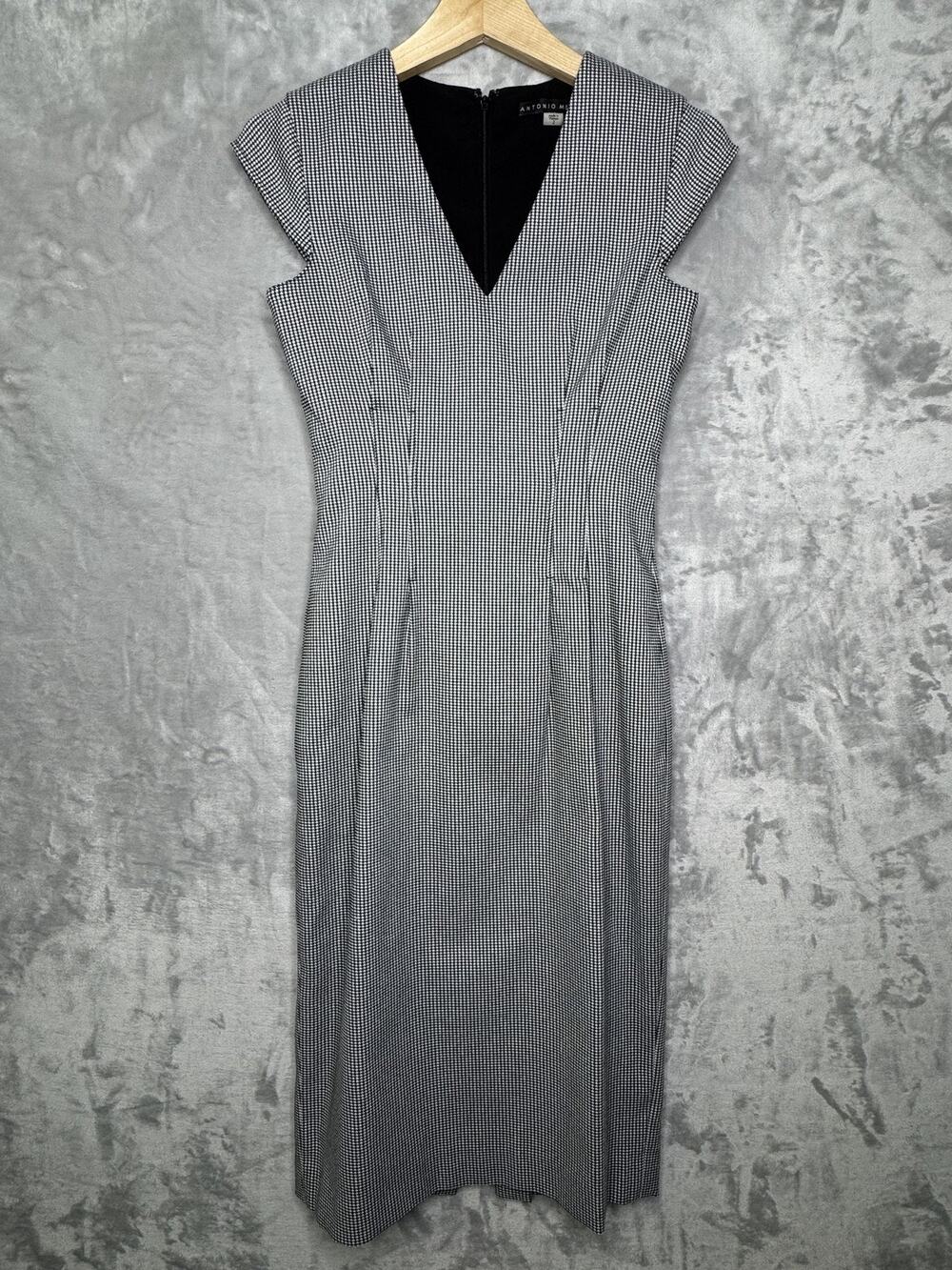 Antonio Melani Dress Womens 2 Black Houndstooth V Neck Sheath Cap Sleeve Career